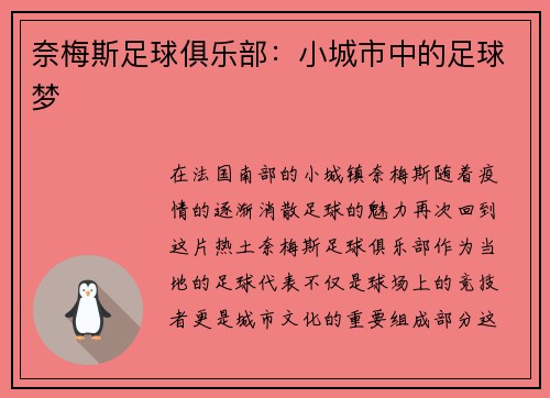 奈梅斯足球俱乐部：小城市中的足球梦