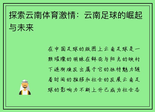 探索云南体育激情：云南足球的崛起与未来
