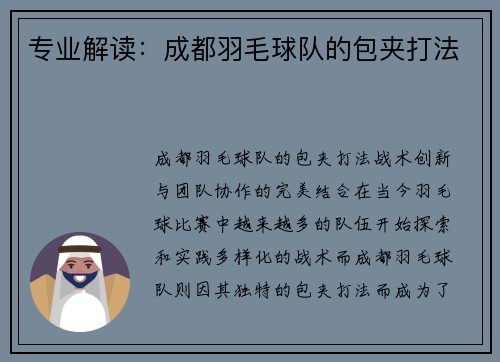 专业解读：成都羽毛球队的包夹打法