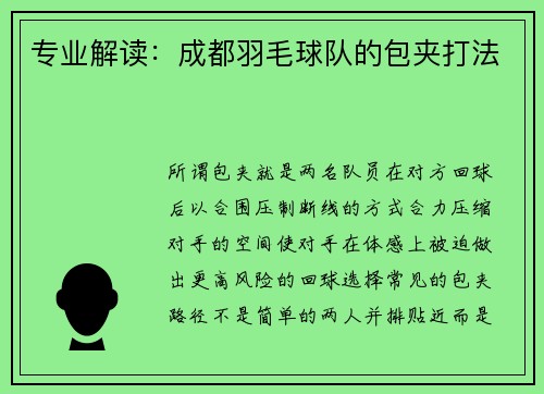 专业解读：成都羽毛球队的包夹打法