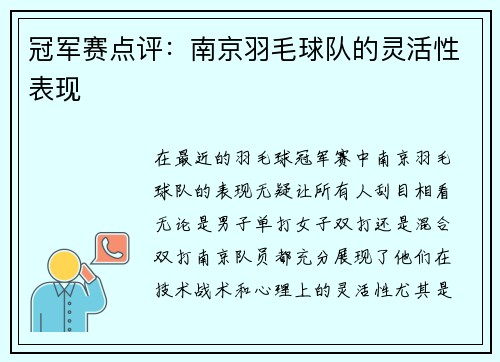 冠军赛点评：南京羽毛球队的灵活性表现