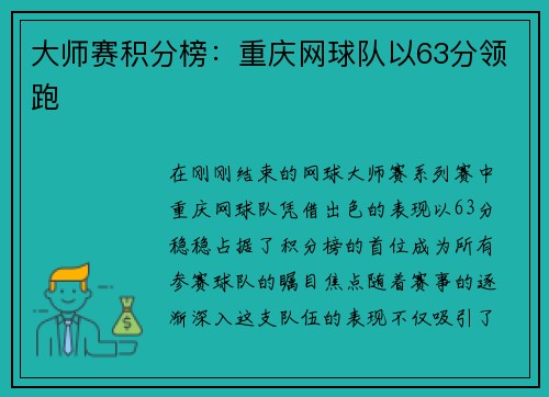大师赛积分榜：重庆网球队以63分领跑
